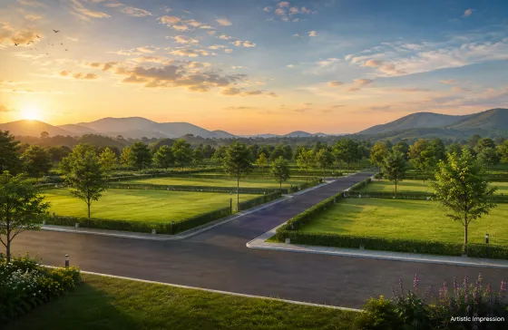 Open landscaped ground and a stream running between villa plots at Vaarivana